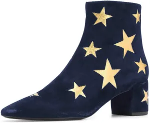 FSJ Women Western Square Toe Dressy Ankle Boot Gold Star Block Heel Faux Suede Zipper Short Bootie Size 4-15 US