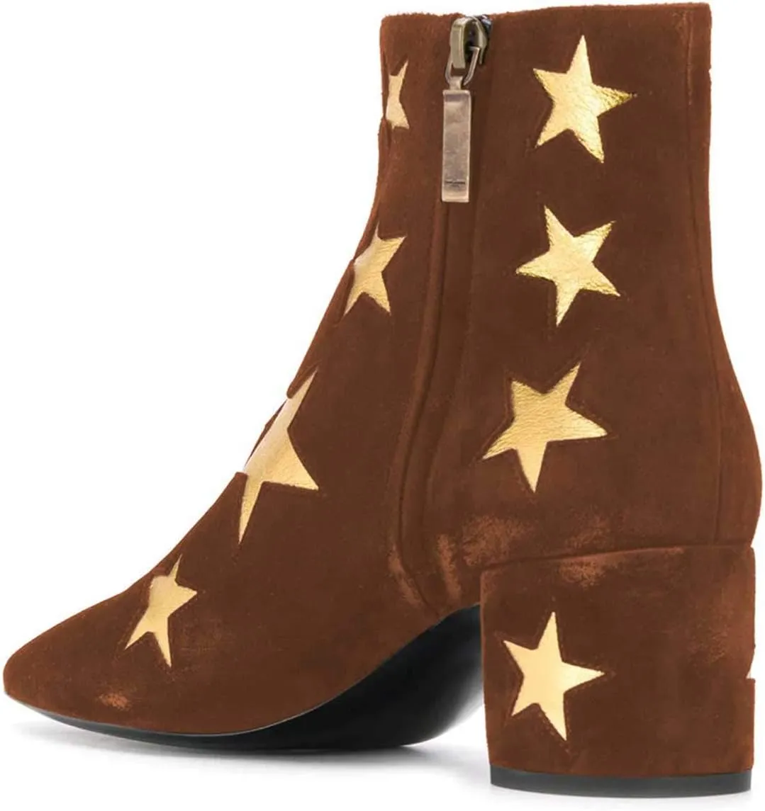 FSJ Women Western Square Toe Dressy Ankle Boot Gold Star Block Heel Faux Suede Zipper Short Bootie Size 4-15 US