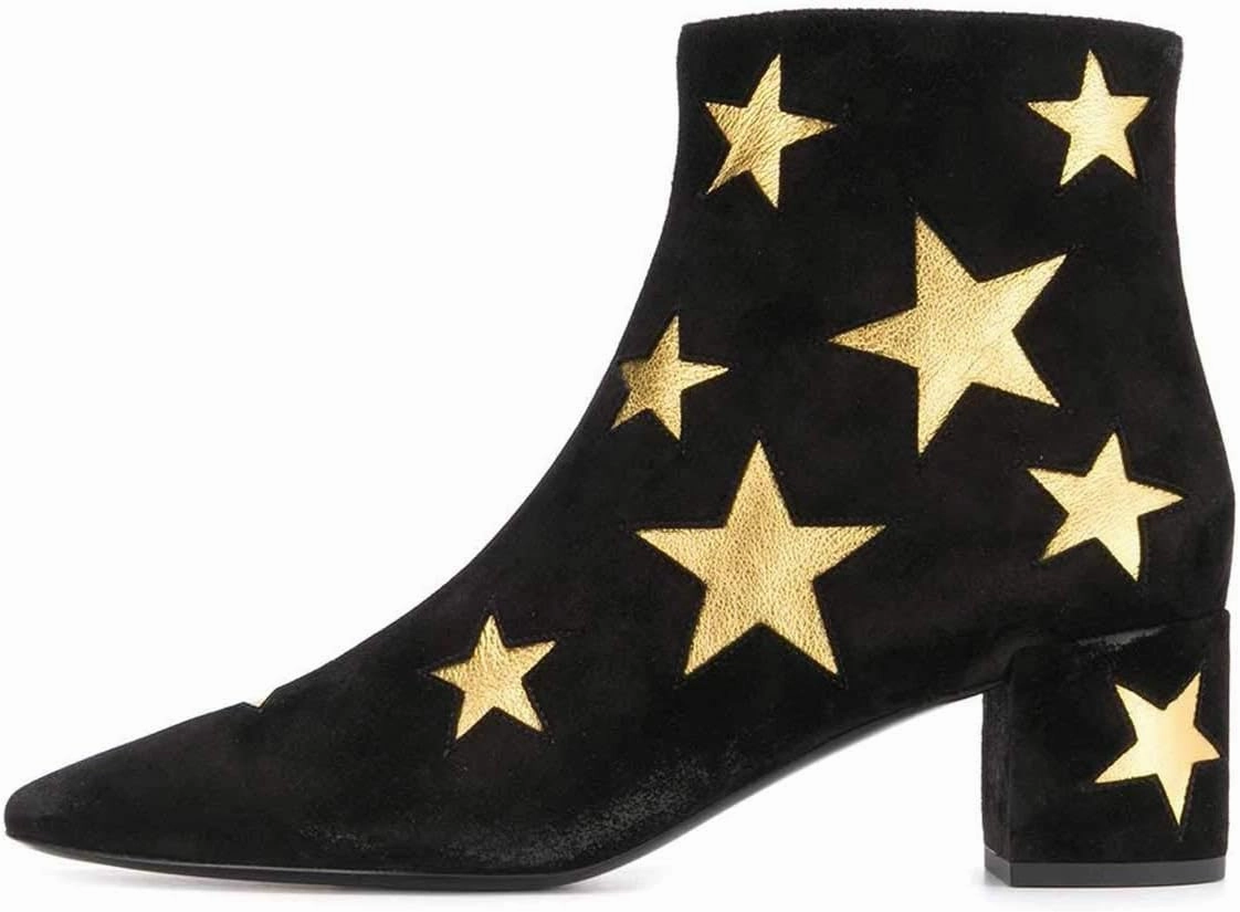 FSJ Women Western Square Toe Dressy Ankle Boot Gold Star Block Heel Faux Suede Zipper Short Bootie Size 4-15 US