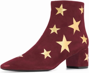 FSJ Women Western Square Toe Dressy Ankle Boot Gold Star Block Heel Faux Suede Zipper Short Bootie Size 4-15 US