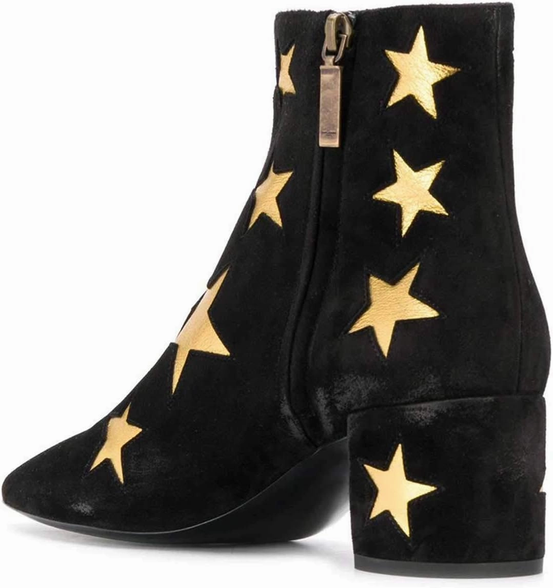 FSJ Women Western Square Toe Dressy Ankle Boot Gold Star Block Heel Faux Suede Zipper Short Bootie Size 4-15 US