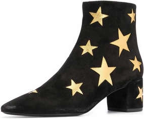 FSJ Women Western Square Toe Dressy Ankle Boot Gold Star Block Heel Faux Suede Zipper Short Bootie Size 4-15 US