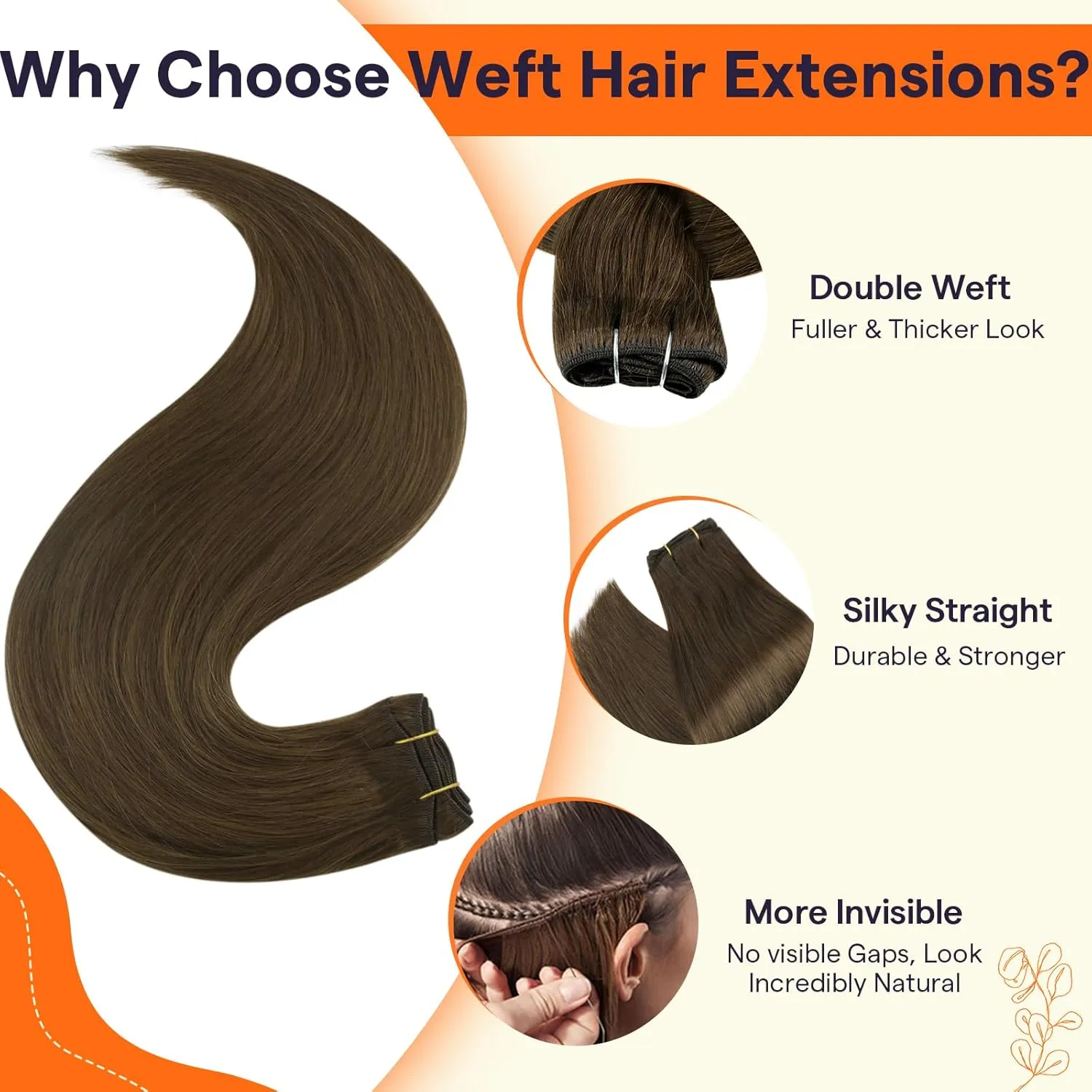 Full Shine 22 Inch Human Hair Weft Extensions Sew In Hair Extensions Real Hair For Thick Hair Color Medium Brown Hair Weft Straight Human Hair Bundels Double Weft Extensions 105G