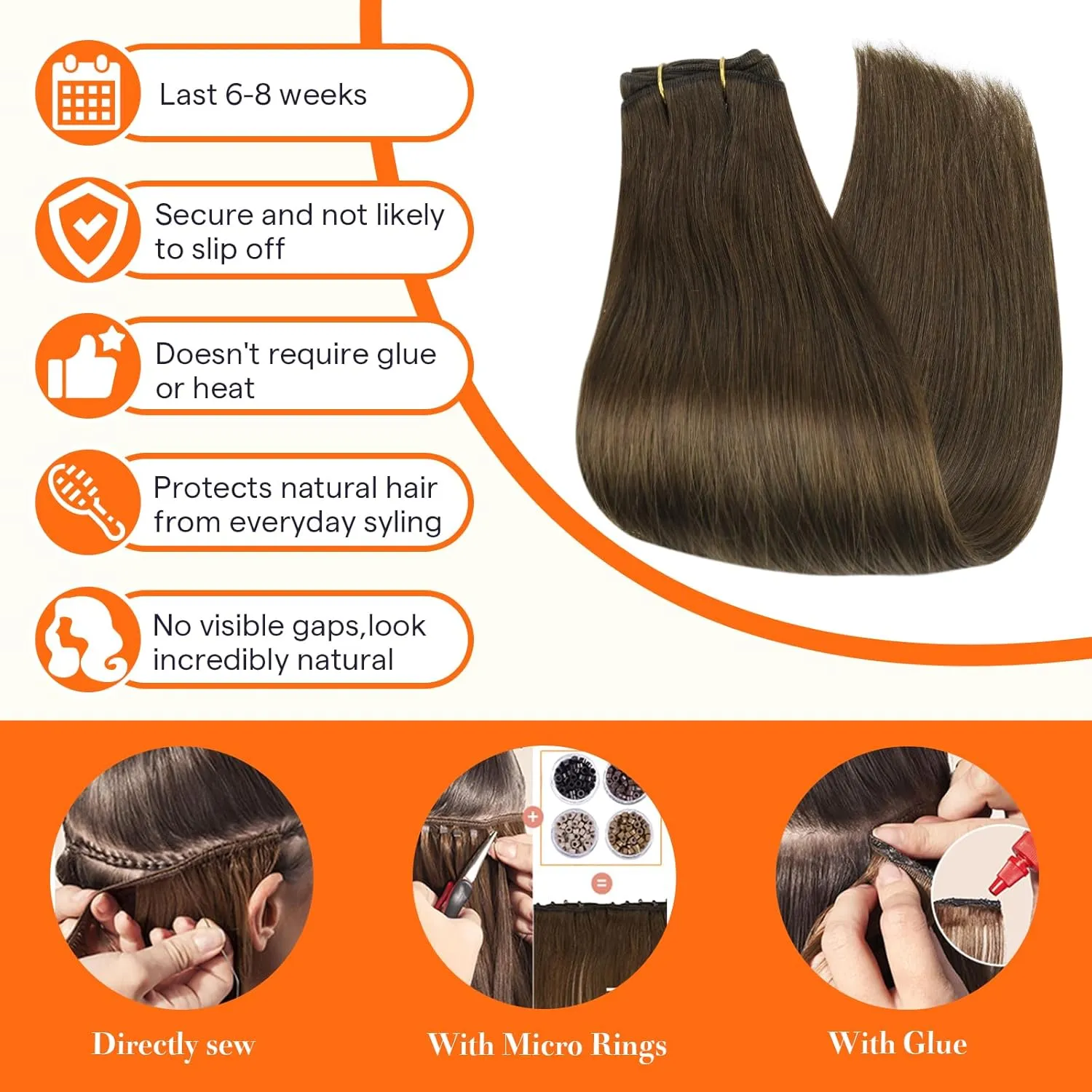 Full Shine 22 Inch Human Hair Weft Extensions Sew In Hair Extensions Real Hair For Thick Hair Color Medium Brown Hair Weft Straight Human Hair Bundels Double Weft Extensions 105G