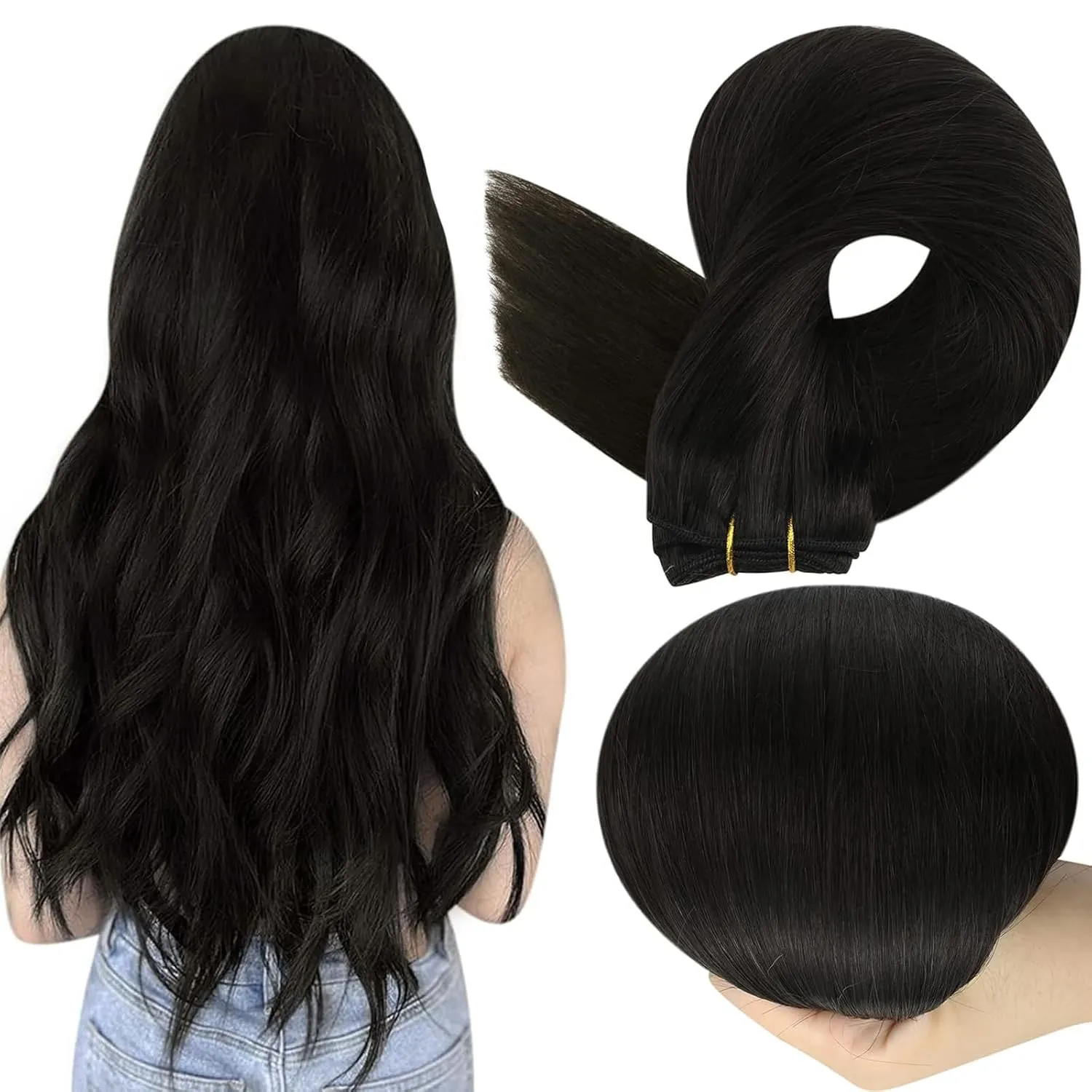 Full Shine Natural Black Weft Hair Extensions Human Hair Full Head Sew in Human Hair Extensions Black Weft Human Hair Bundles Sew in Extensions Black For Women 18inch 105g