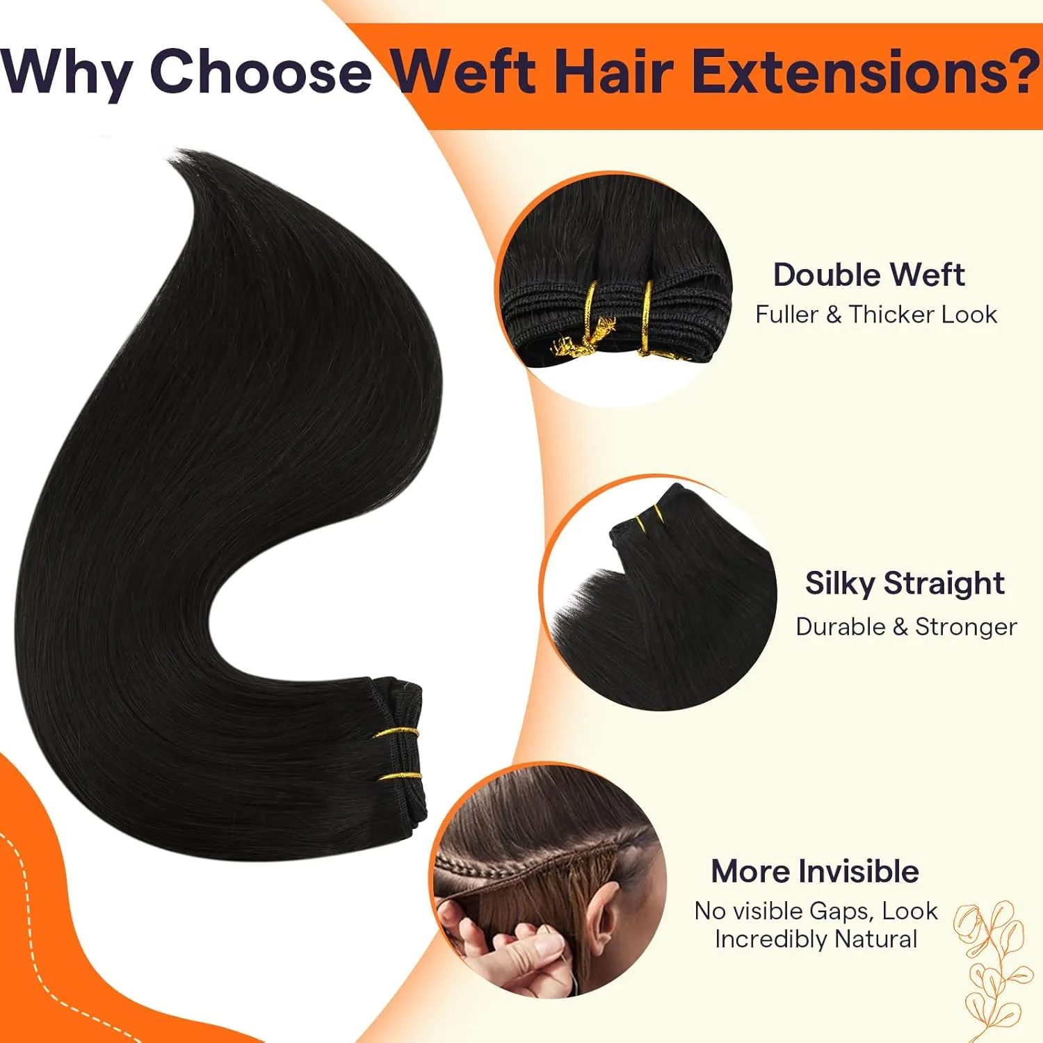 Full Shine Natural Black Weft Hair Extensions Human Hair Full Head Sew in Human Hair Extensions Black Weft Human Hair Bundles Sew in Extensions Black For Women 18inch 105g