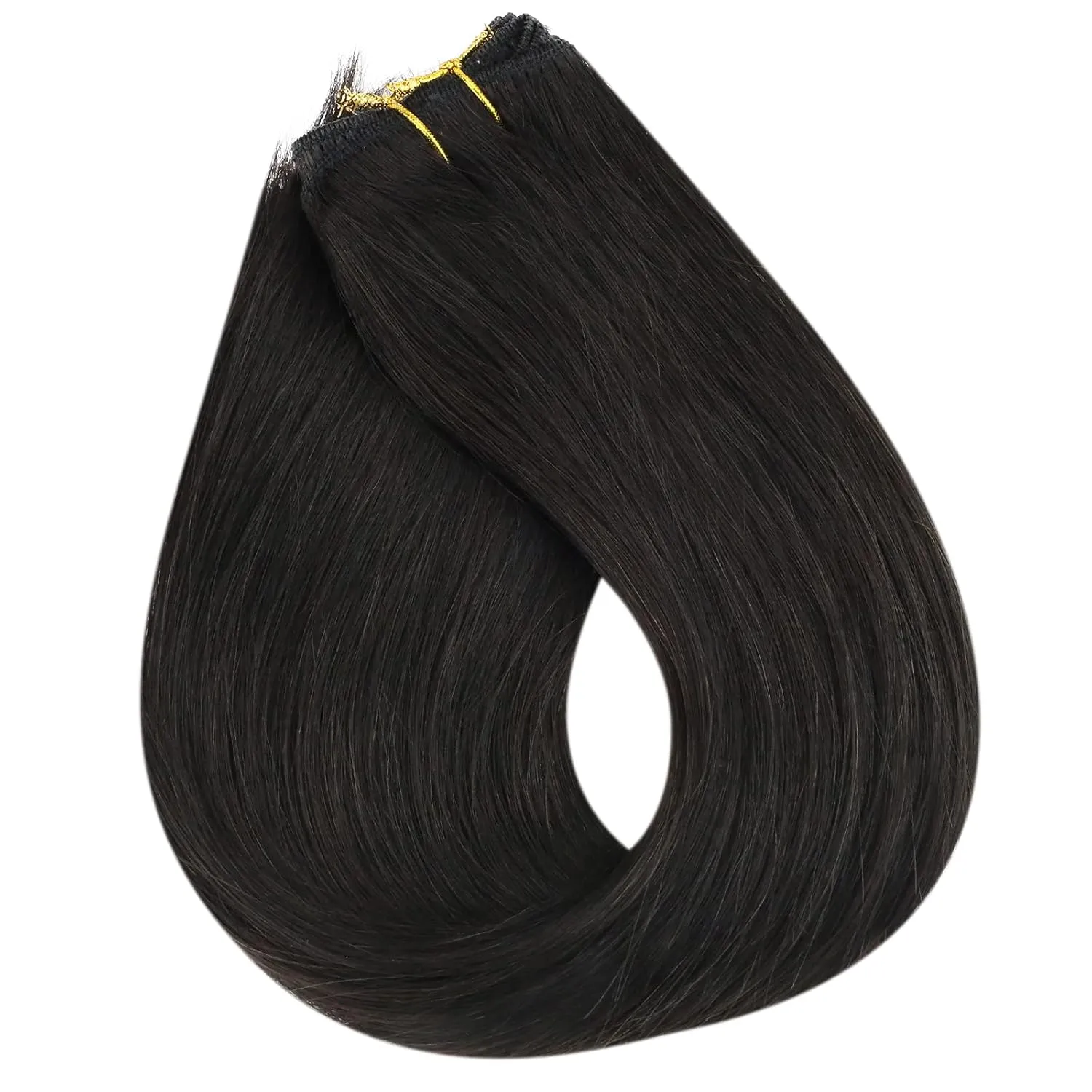 Full Shine Natural Black Weft Hair Extensions Human Hair Full Head Sew in Human Hair Extensions Black Weft Human Hair Bundles Sew in Extensions Black For Women 18inch 105g