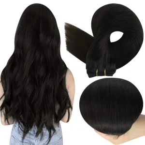 Full Shine Natural Black Weft Hair Extensions Human Hair Full Head Sew in Human Hair Extensions Black Weft Human Hair Bundles Sew in Extensions Black For Women 18inch 105g