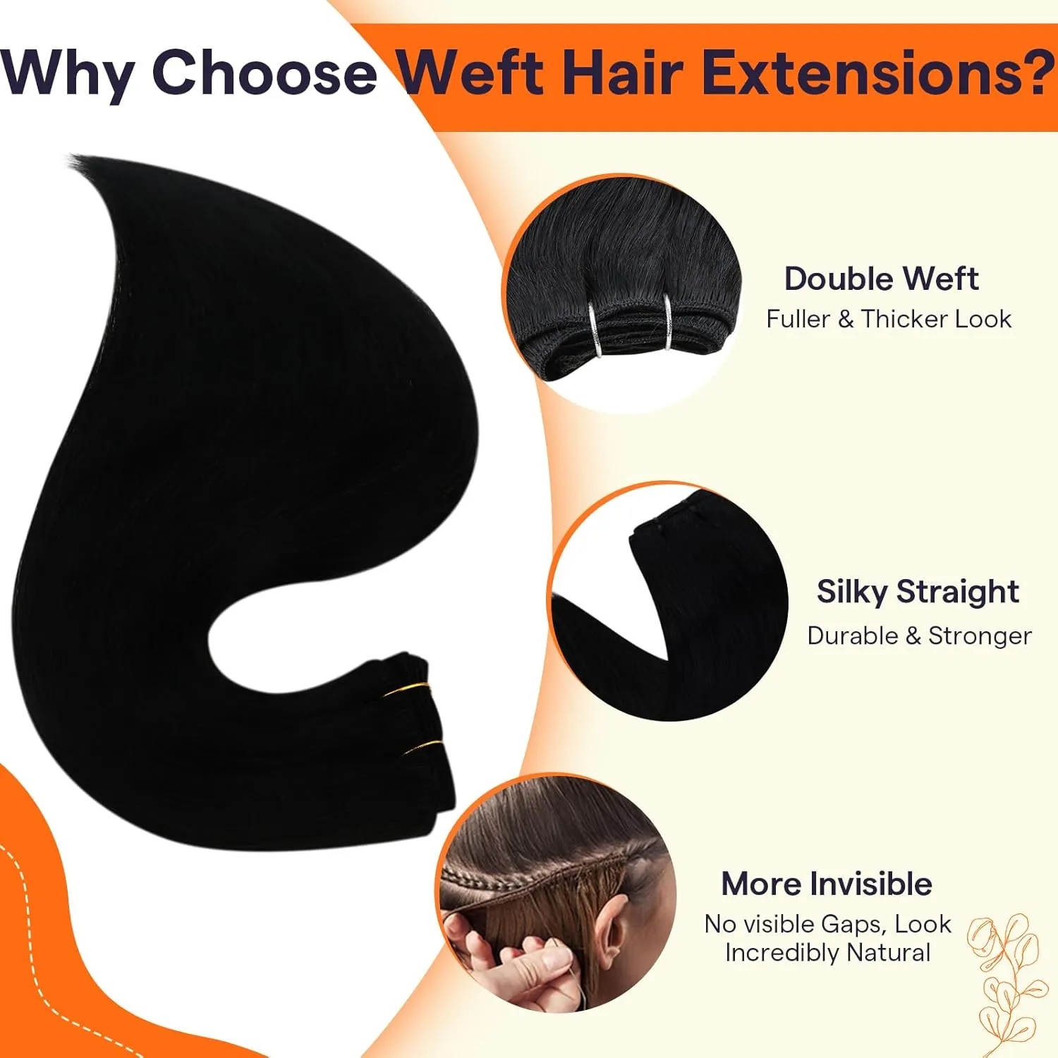 Full Shine Sew In Hair Extensions Real Human Hair Black Weft Hair Extensions Human Hair Sew In Extensions Double Weft Color Jet Black Human Hair Bundles 22Inch 105G