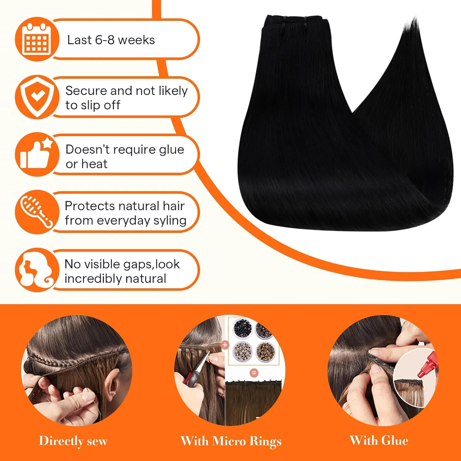 Full Shine Sew In Hair Extensions Real Human Hair Black Weft Hair Extensions Human Hair Sew In Extensions Double Weft Color Jet Black Human Hair Bundles 22Inch 105G