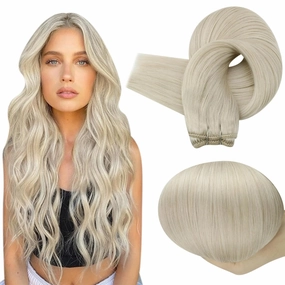 Full Shine 18 Inch Weft Hair Extensions Human Hair Sew In Hair Extensions Color White Blonde Straight Remy Hair Extensions Sew In Human Hair Extensions Straight Hair Extensions For Women 105G