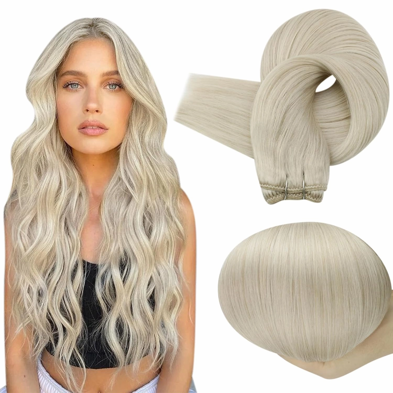 Full Shine 18 Inch Weft Hair Extensions Human Hair Sew In Hair Extensions Color White Blonde Straight Remy Hair Extensions Sew In Human Hair Extensions Straight Hair Extensions For Women 105G