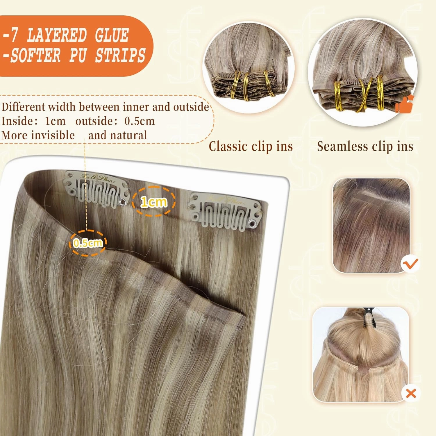 Full Shine Clip in Blonde Hair Extensions Highlights Human Hair Golden Blonde Mix 22 Blonde Real Remy Hair Clip in Extensions Invisible Hairpiece for Women 8Pcs/120Grams 22 Inch Pu Clip ins