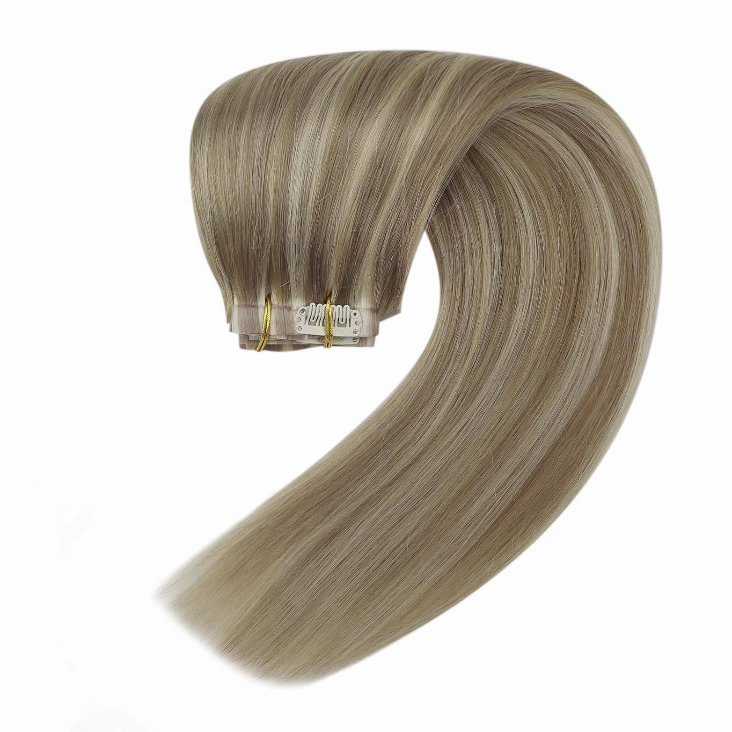Full Shine Clip in Blonde Hair Extensions Highlights Human Hair Golden Blonde Mix 22 Blonde Real Remy Hair Clip in Extensions Invisible Hairpiece for Women 8Pcs/120Grams 22 Inch Pu Clip ins