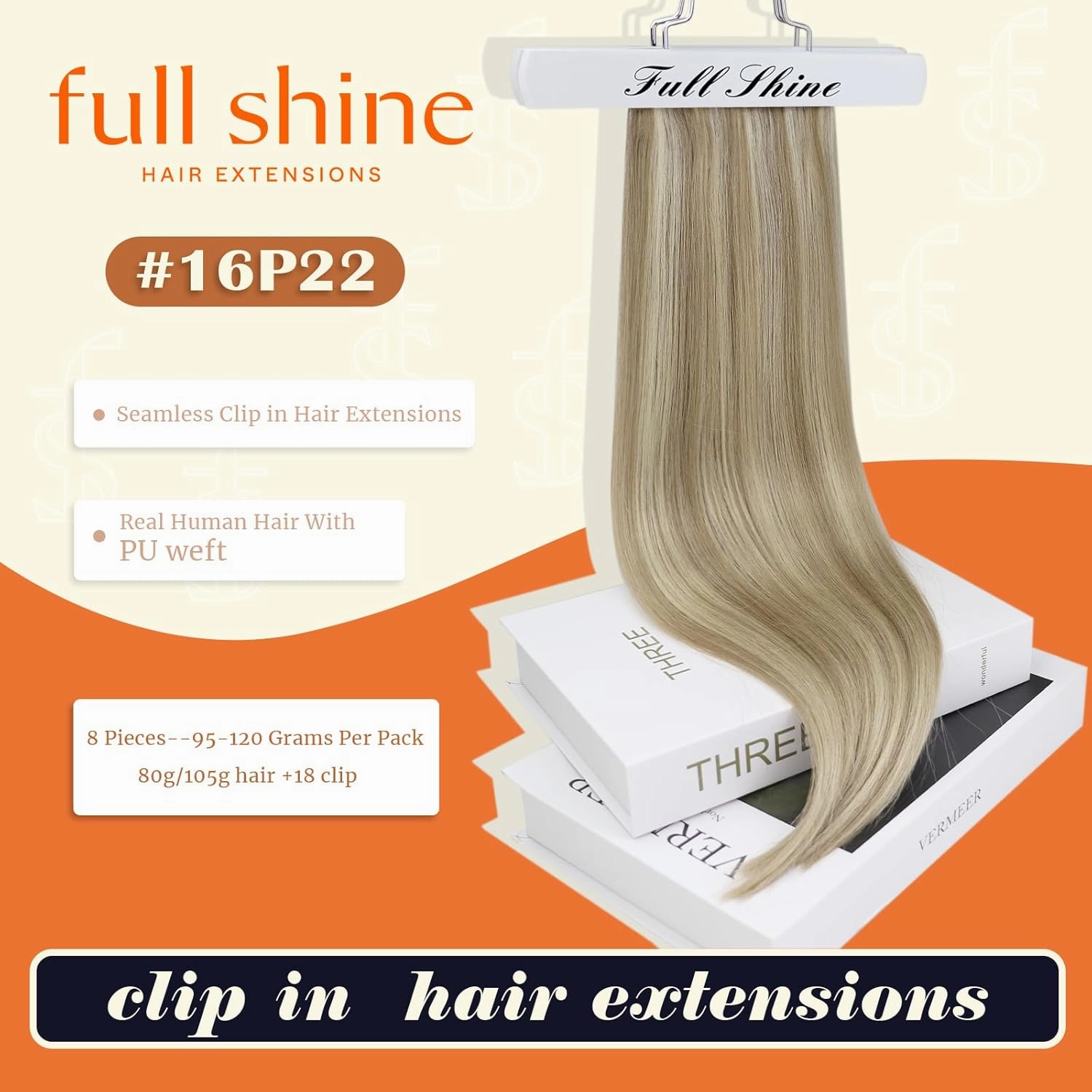 Full Shine Clip in Blonde Hair Extensions Highlights Human Hair Golden Blonde Mix 22 Blonde Real Remy Hair Clip in Extensions Invisible Hairpiece for Women 8Pcs/120Grams 22 Inch Pu Clip ins