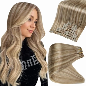 Full Shine Clip in Blonde Hair Extensions Highlights Human Hair Golden Blonde Mix 22 Blonde Real Remy Hair Clip in Extensions Invisible Hairpiece for Women 8Pcs/120Grams 22 Inch Pu Clip ins