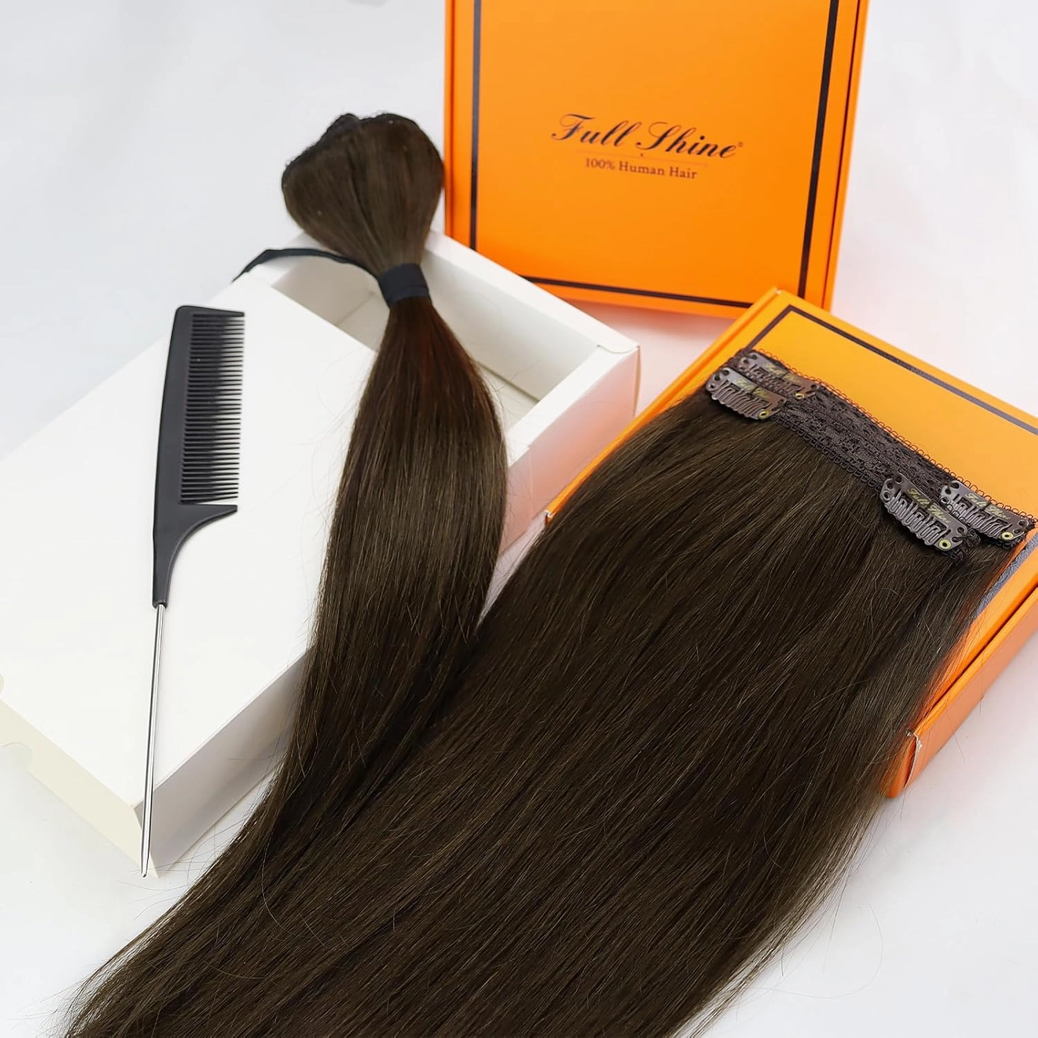 Full Shine Clip in Hair Extensions 10 Inch Human Hair Clip in Extensions Dark Brown Real Hair Clip in Extensions Double Weft Natural Hair Clip in Hair Soft Straight 3Pcs For Short Hair 60 Grams