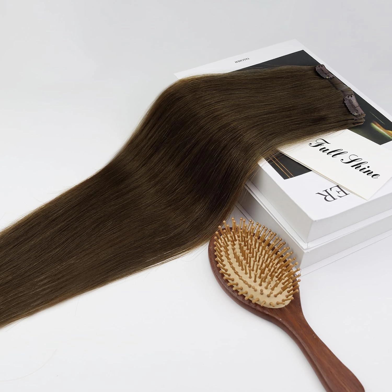 Full Shine Clip in Hair Extensions 10 Inch Human Hair Clip in Extensions Dark Brown Real Hair Clip in Extensions Double Weft Natural Hair Clip in Hair Soft Straight 3Pcs For Short Hair 60 Grams