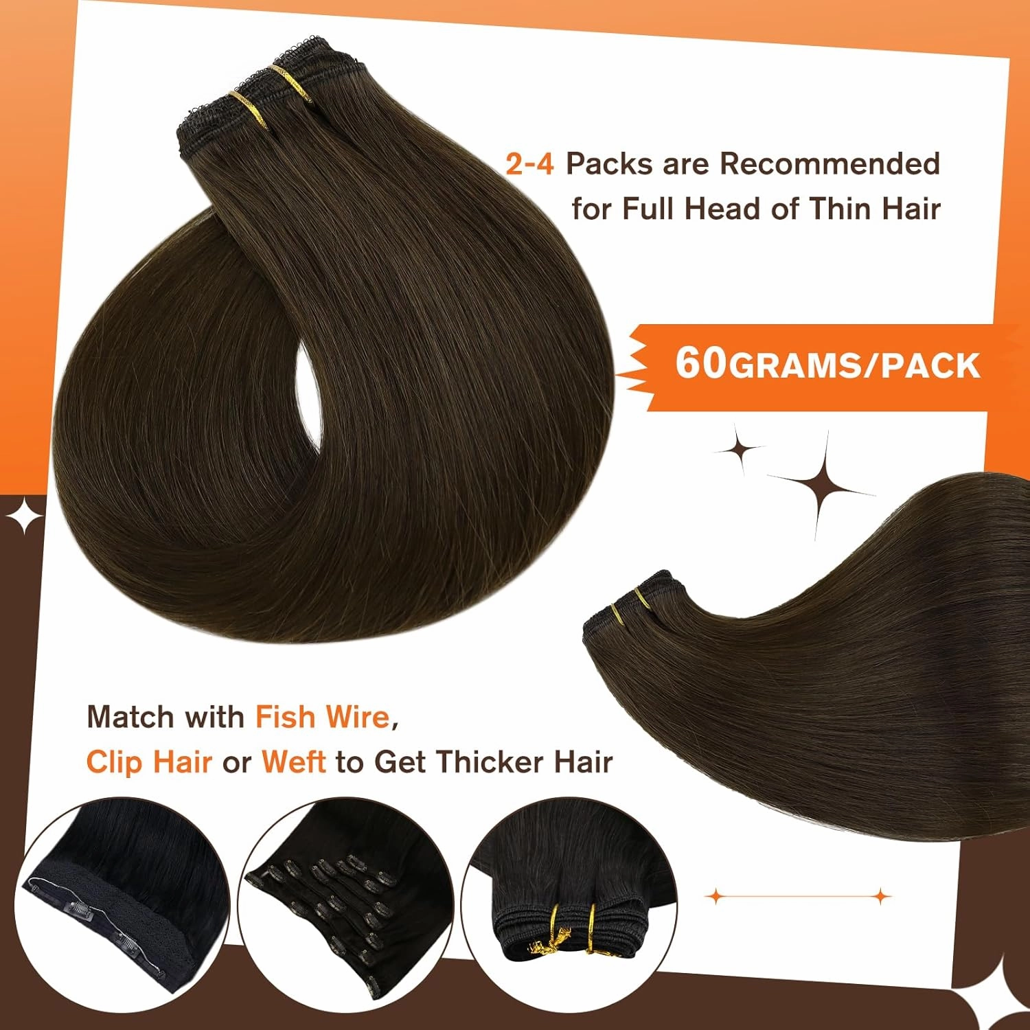 Full Shine Clip in Hair Extensions 10 Inch Human Hair Clip in Extensions Dark Brown Real Hair Clip in Extensions Double Weft Natural Hair Clip in Hair Soft Straight 3Pcs For Short Hair 60 Grams