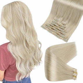 Full Shine Seamless Clip in Hair Extensions Human Hair Blonde 24 Inch Clip in Human Hair Extensions Remy Hair Soft Straight Platinum Blonde Hair Extension Real Human Hair with PU Weft 8 PCS 120 G