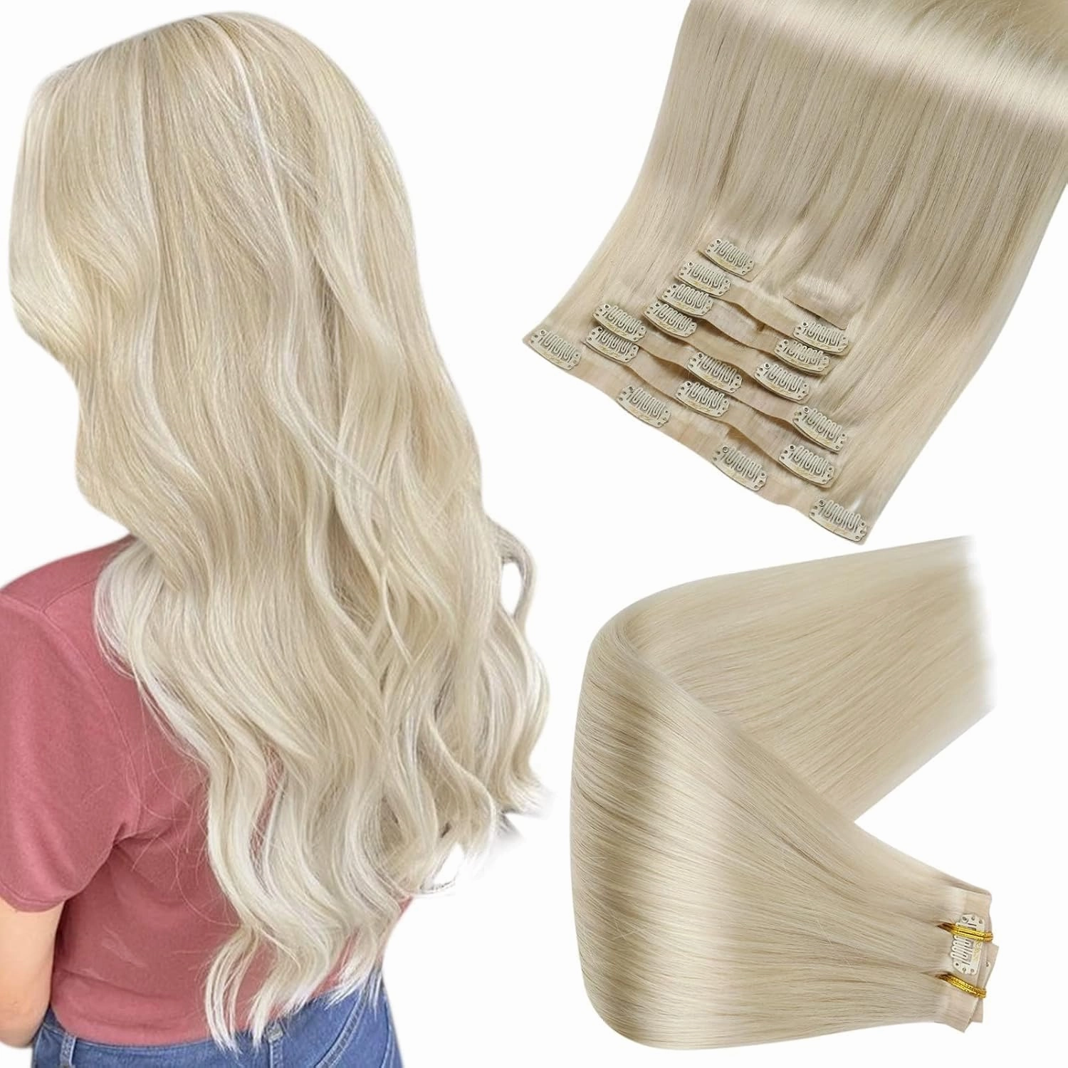 Full Shine Seamless Clip in Hair Extensions Human Hair Blonde 24 Inch Clip in Human Hair Extensions Remy Hair Soft Straight Platinum Blonde Hair Extension Real Human Hair with PU Weft 8 PCS 120 G