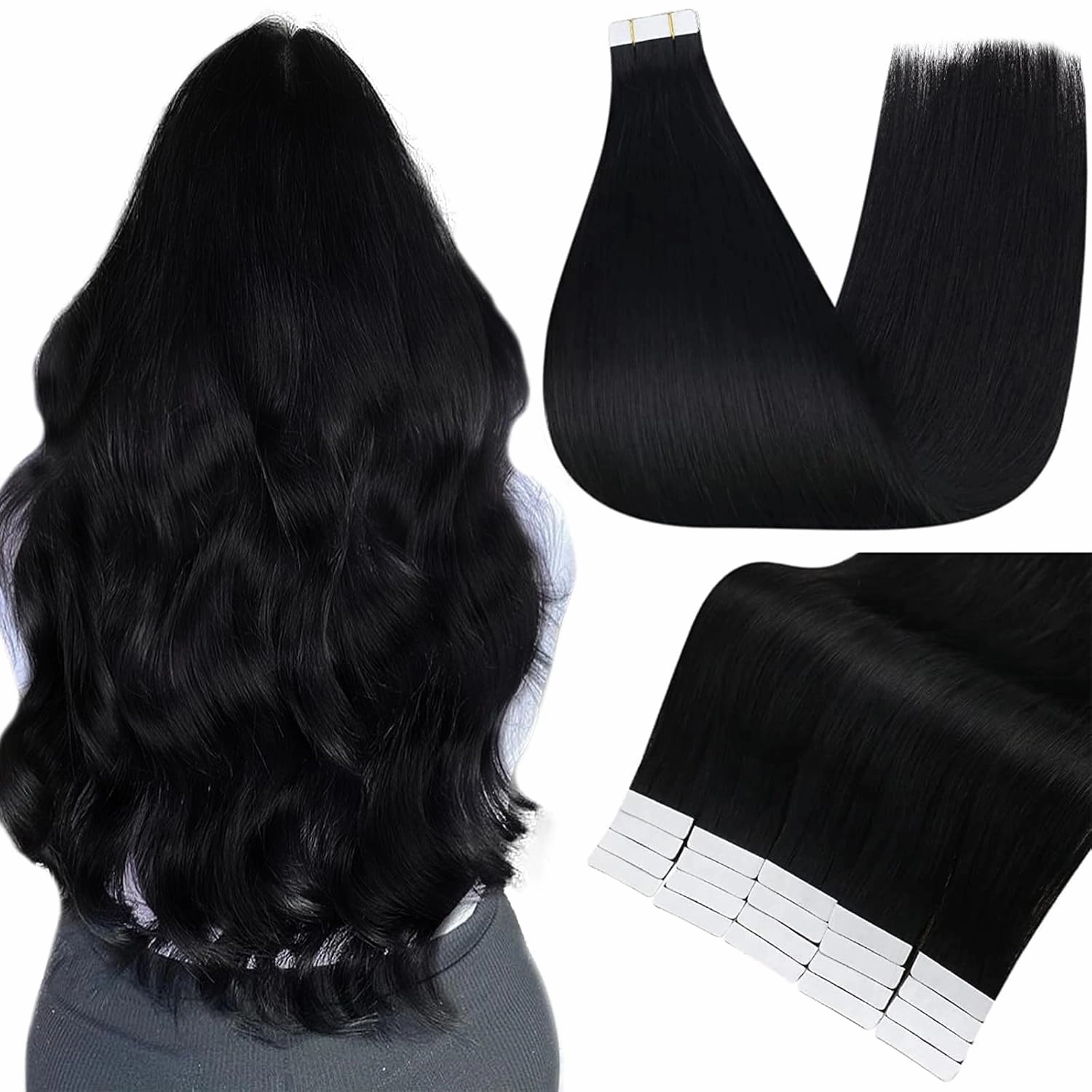 Full Shine Tape in Extensions Color 1 Jet Black Invisible Straight Remy Hair 12 Inch 30g Natural Soft and Silky Hair Extensions Real Human Hair Tape in 20PCS for Women Add Volume