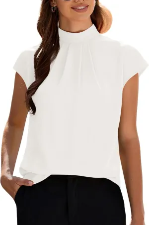 Funlingo Womens Summer Tops Mock Neck Short Cap Sleeve Blouses Business Casual Work Chiffon Shirts Front Pleated Tunic Top