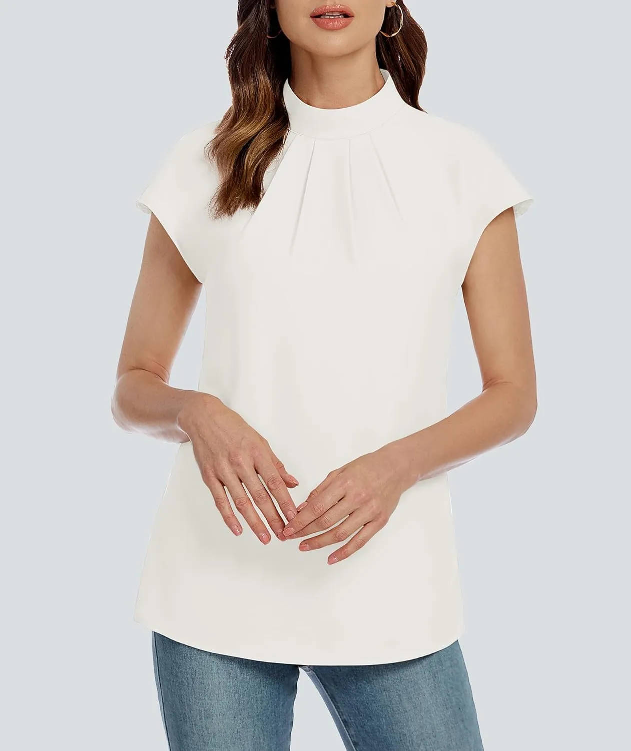 Funlingo Womens Summer Tops Mock Neck Short Cap Sleeve Blouses Business Casual Work Chiffon Shirts Front Pleated Tunic Top