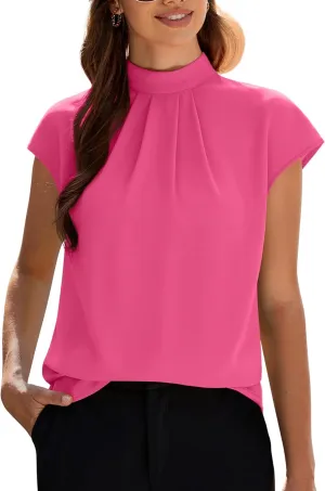 Funlingo Womens Summer Tops Mock Neck Short Cap Sleeve Blouses Business Casual Work Chiffon Shirts Front Pleated Tunic Top