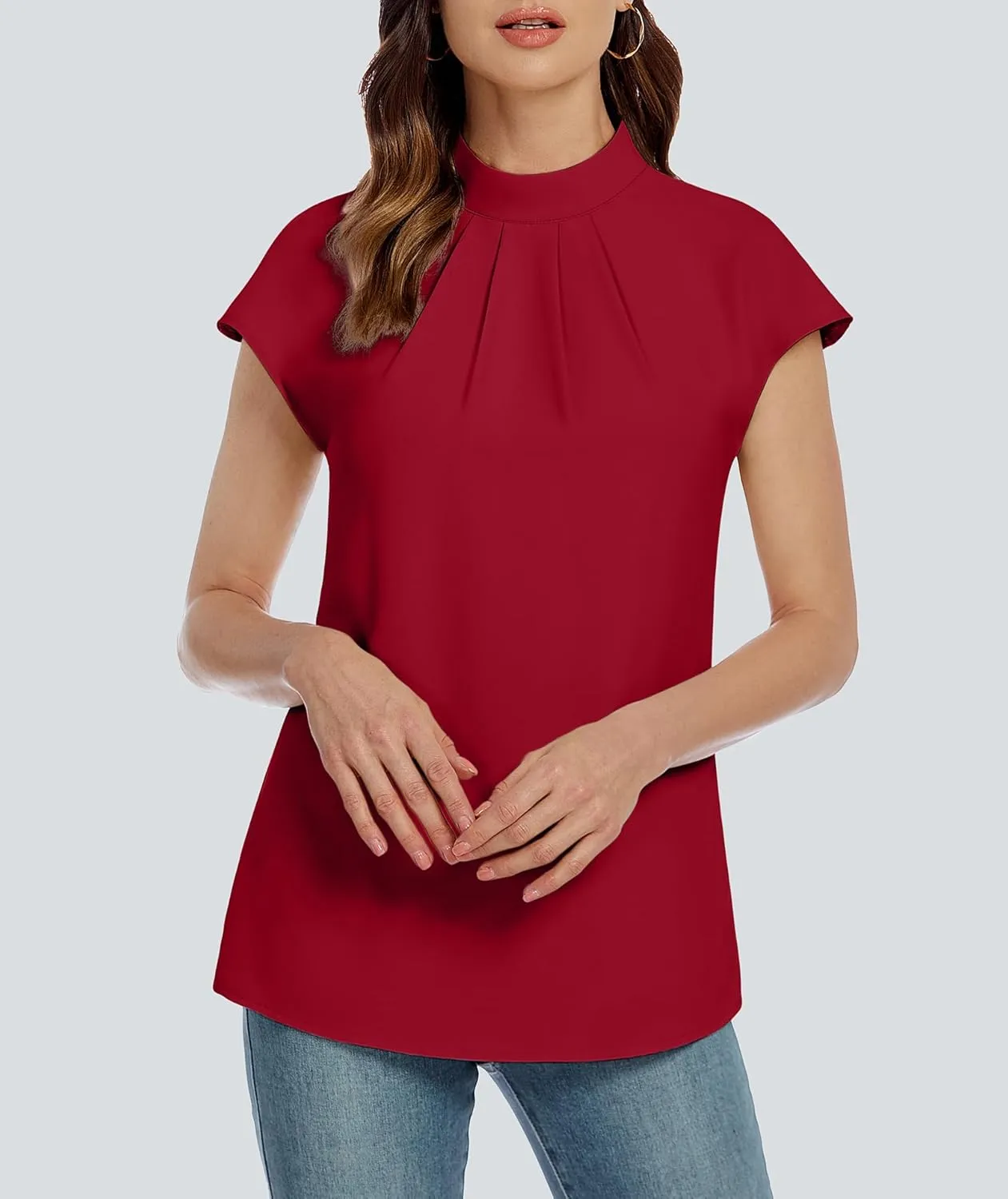 Funlingo Womens Summer Tops Mock Neck Short Cap Sleeve Blouses Business Casual Work Chiffon Shirts Front Pleated Tunic Top