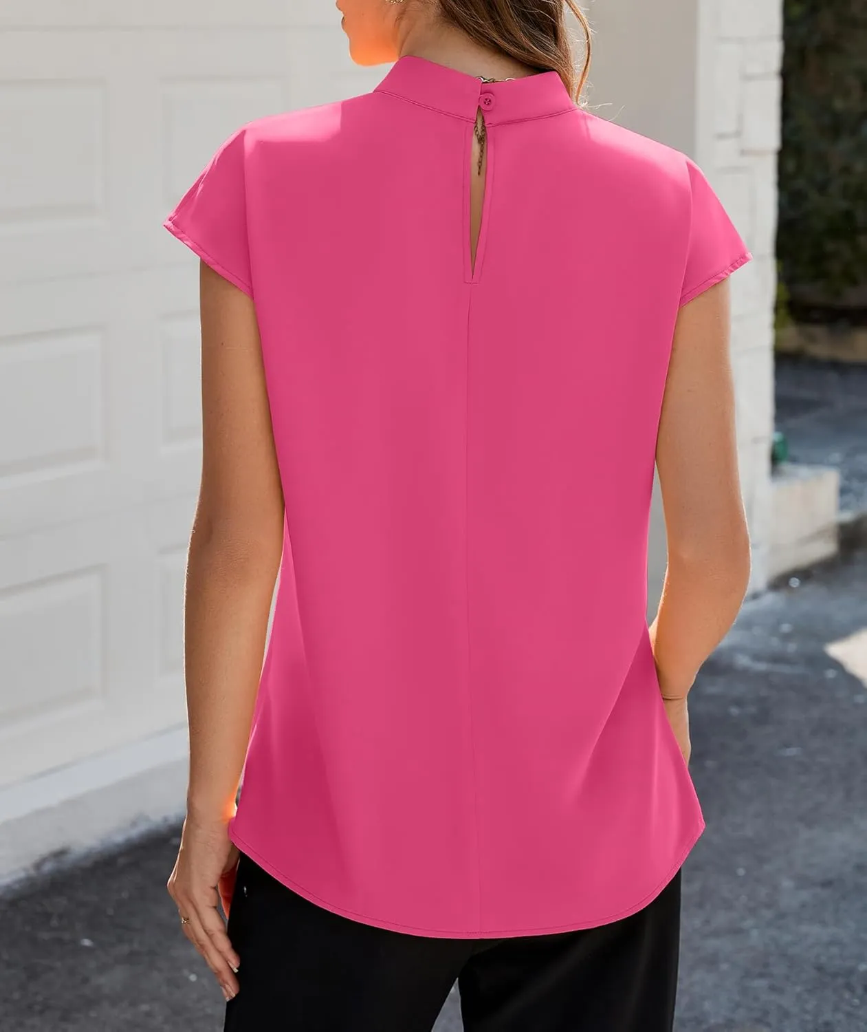 Funlingo Womens Summer Tops Mock Neck Short Cap Sleeve Blouses Business Casual Work Chiffon Shirts Front Pleated Tunic Top