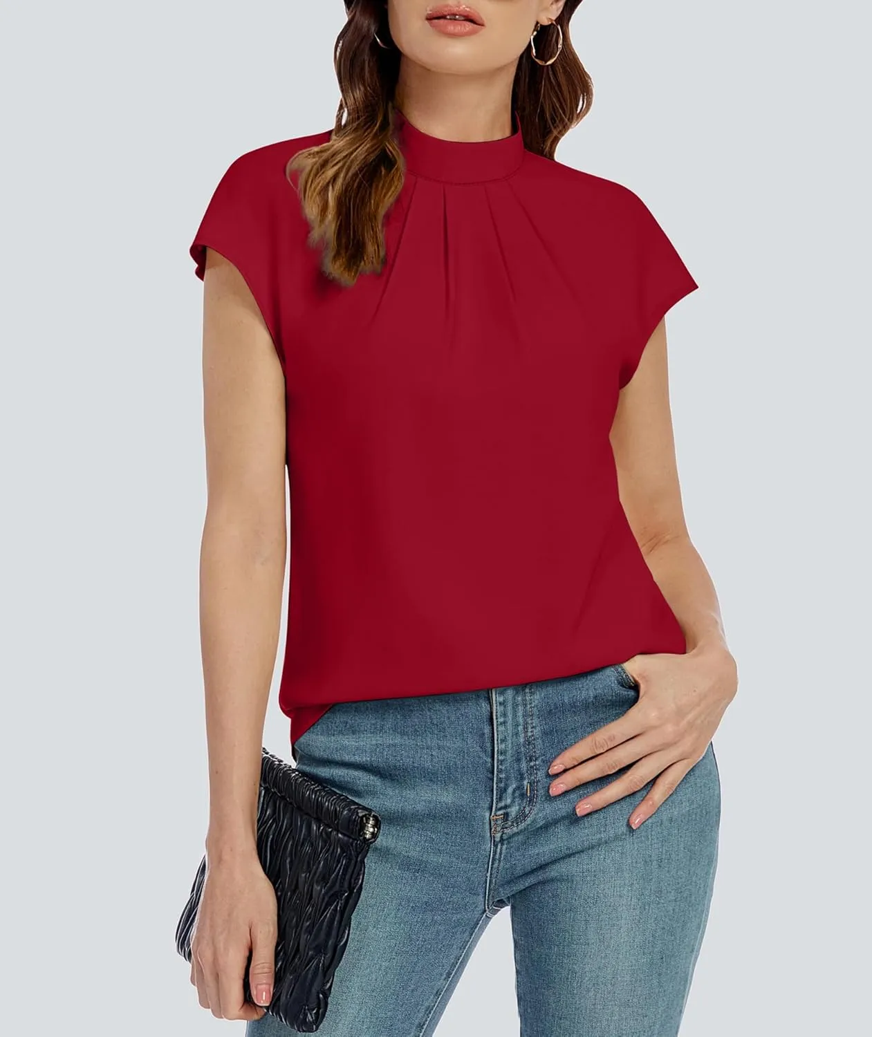Funlingo Womens Summer Tops Mock Neck Short Cap Sleeve Blouses Business Casual Work Chiffon Shirts Front Pleated Tunic Top