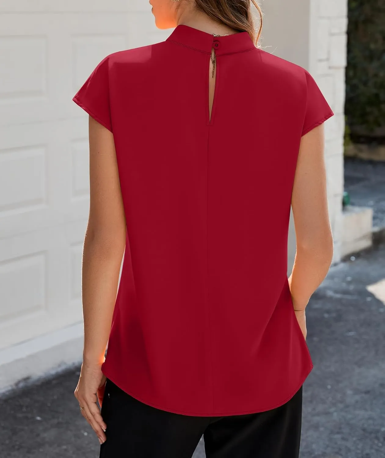Funlingo Womens Summer Tops Mock Neck Short Cap Sleeve Blouses Business Casual Work Chiffon Shirts Front Pleated Tunic Top