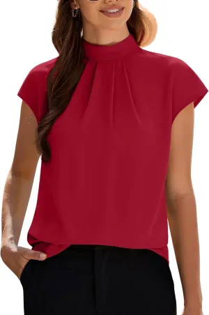Funlingo Womens Summer Tops Mock Neck Short Cap Sleeve Blouses Business Casual Work Chiffon Shirts Front Pleated Tunic Top
