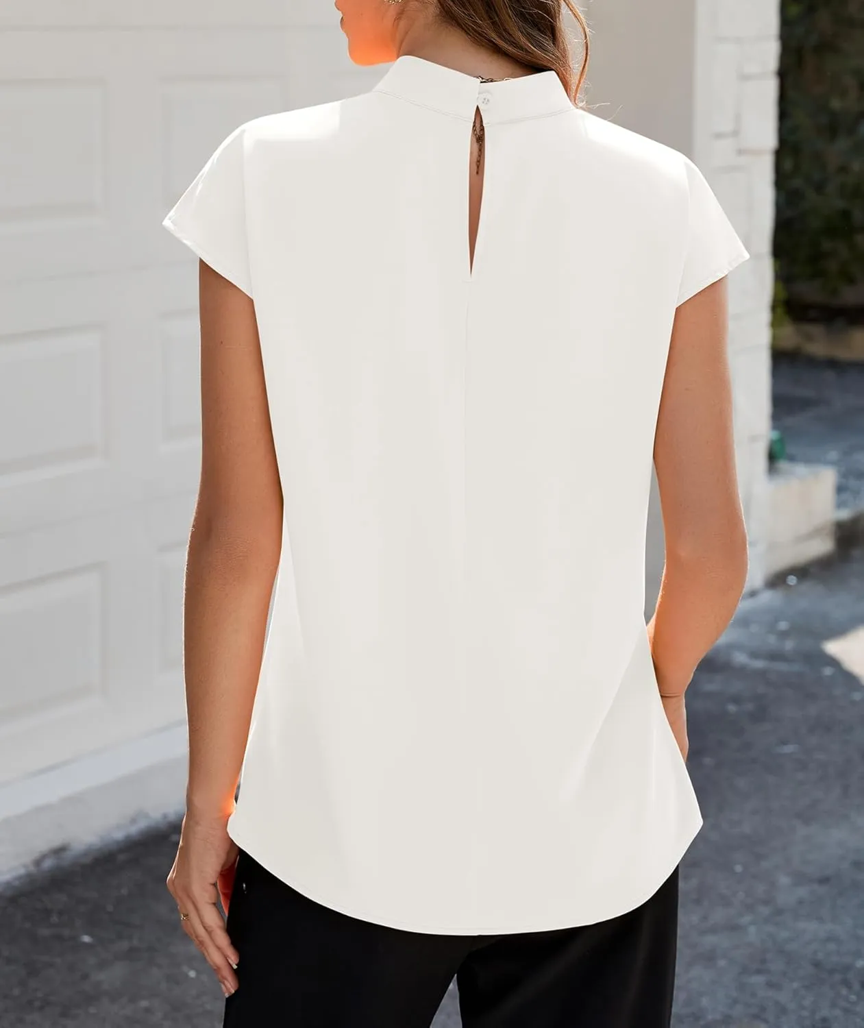 Funlingo Womens Summer Tops Mock Neck Short Cap Sleeve Blouses Business Casual Work Chiffon Shirts Front Pleated Tunic Top