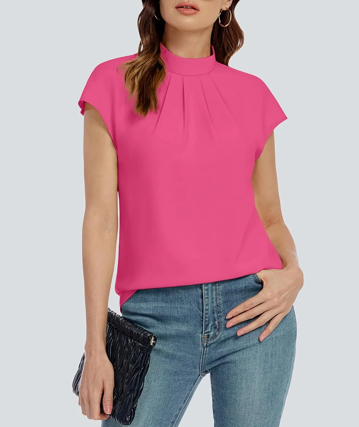 Funlingo Womens Summer Tops Mock Neck Short Cap Sleeve Blouses Business Casual Work Chiffon Shirts Front Pleated Tunic Top