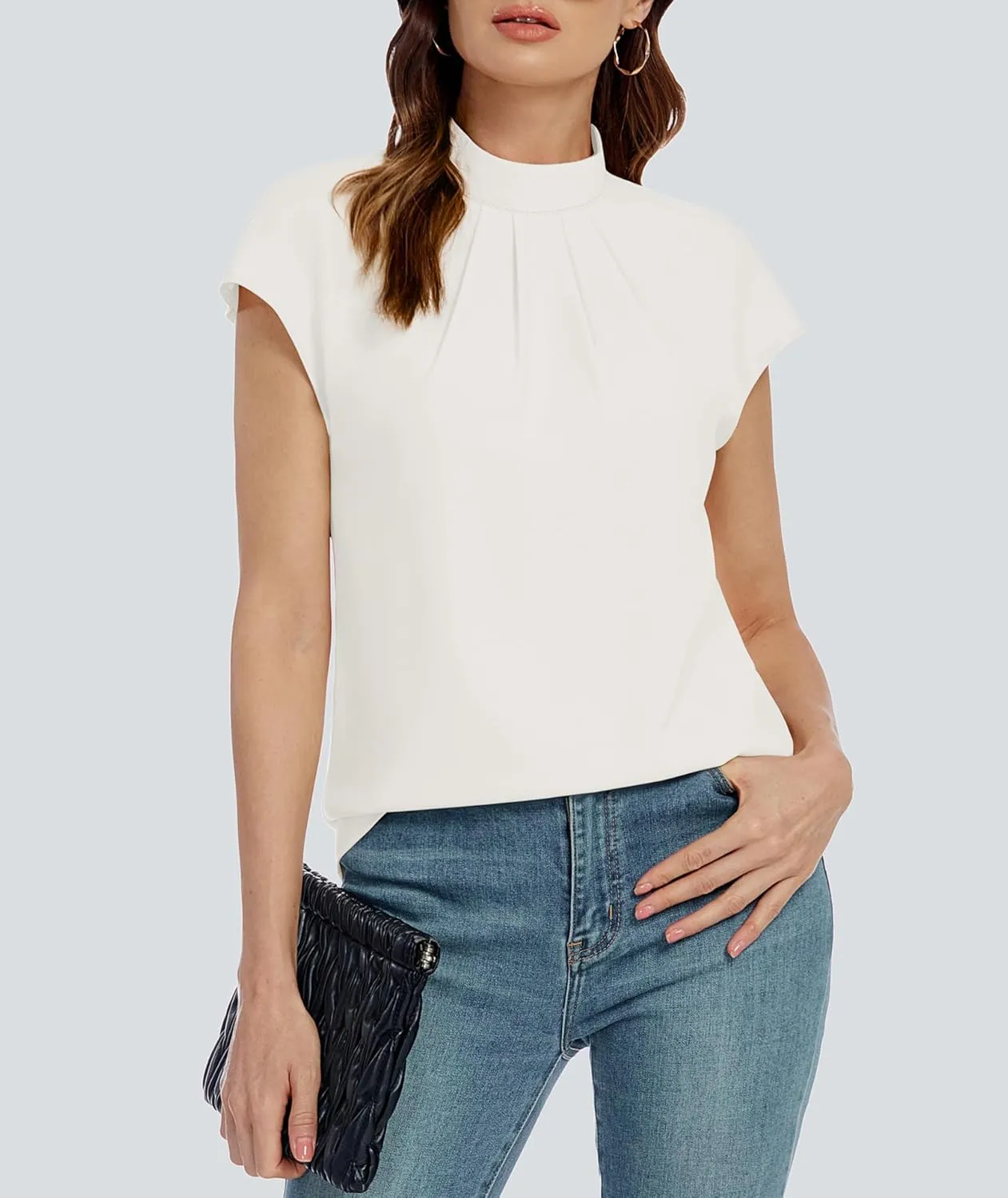 Funlingo Womens Summer Tops Mock Neck Short Cap Sleeve Blouses Business Casual Work Chiffon Shirts Front Pleated Tunic Top