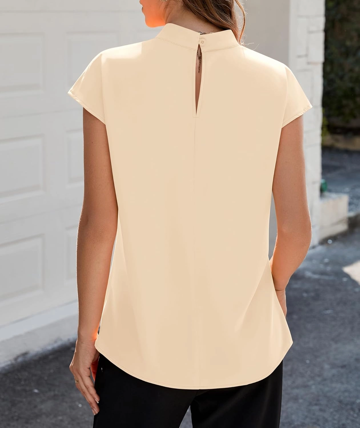 Funlingo Womens Summer Tops Mock Neck Short Cap Sleeve Blouses Business Casual Work Chiffon Shirts Front Pleated Tunic Top