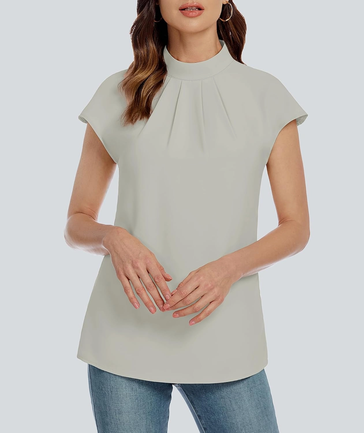 Funlingo Womens Summer Tops Mock Neck Short Cap Sleeve Blouses Business Casual Work Chiffon Shirts Front Pleated Tunic Top