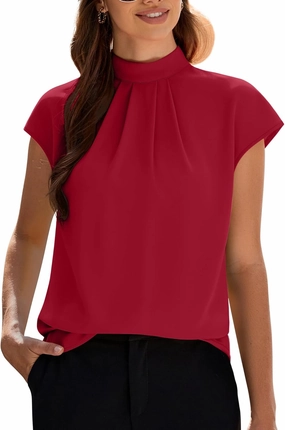 Funlingo Womens Summer Tops Mock Neck Short Cap Sleeve Blouses Business Casual Work Chiffon Shirts Front Pleated Tunic Top