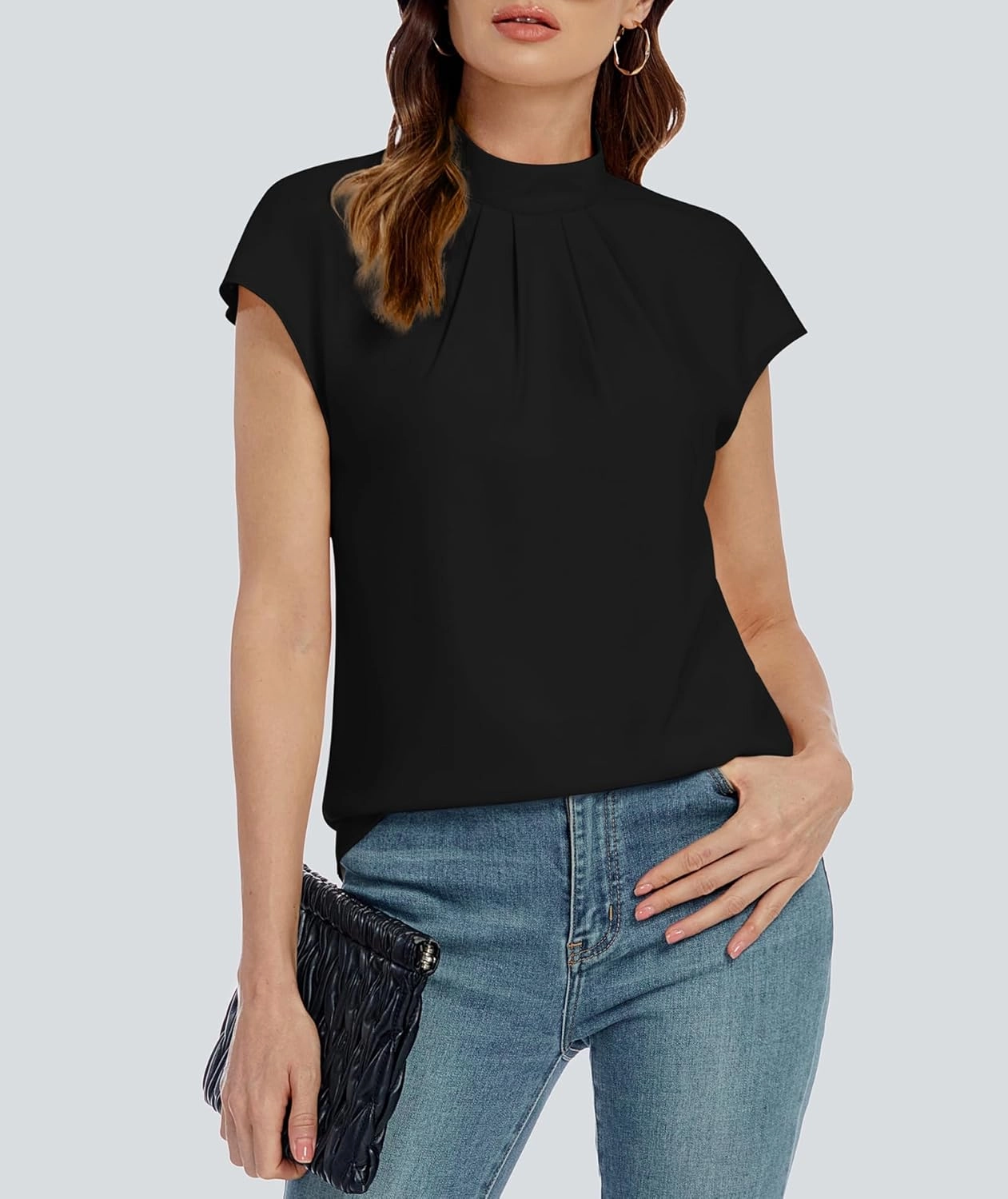 Funlingo Womens Summer Tops Mock Neck Short Cap Sleeve Blouses Business Casual Work Chiffon Shirts Front Pleated Tunic Top