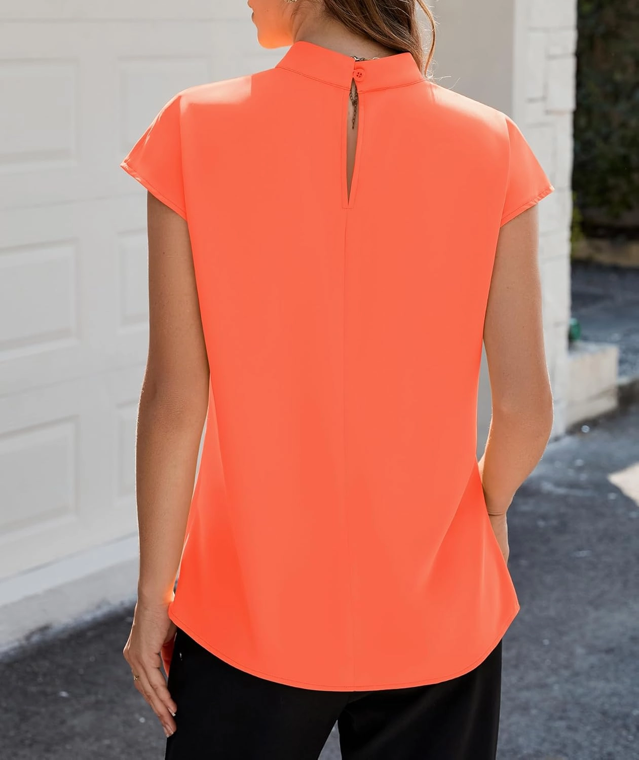 Funlingo Womens Summer Tops Mock Neck Short Cap Sleeve Blouses Business Casual Work Chiffon Shirts Front Pleated Tunic Top