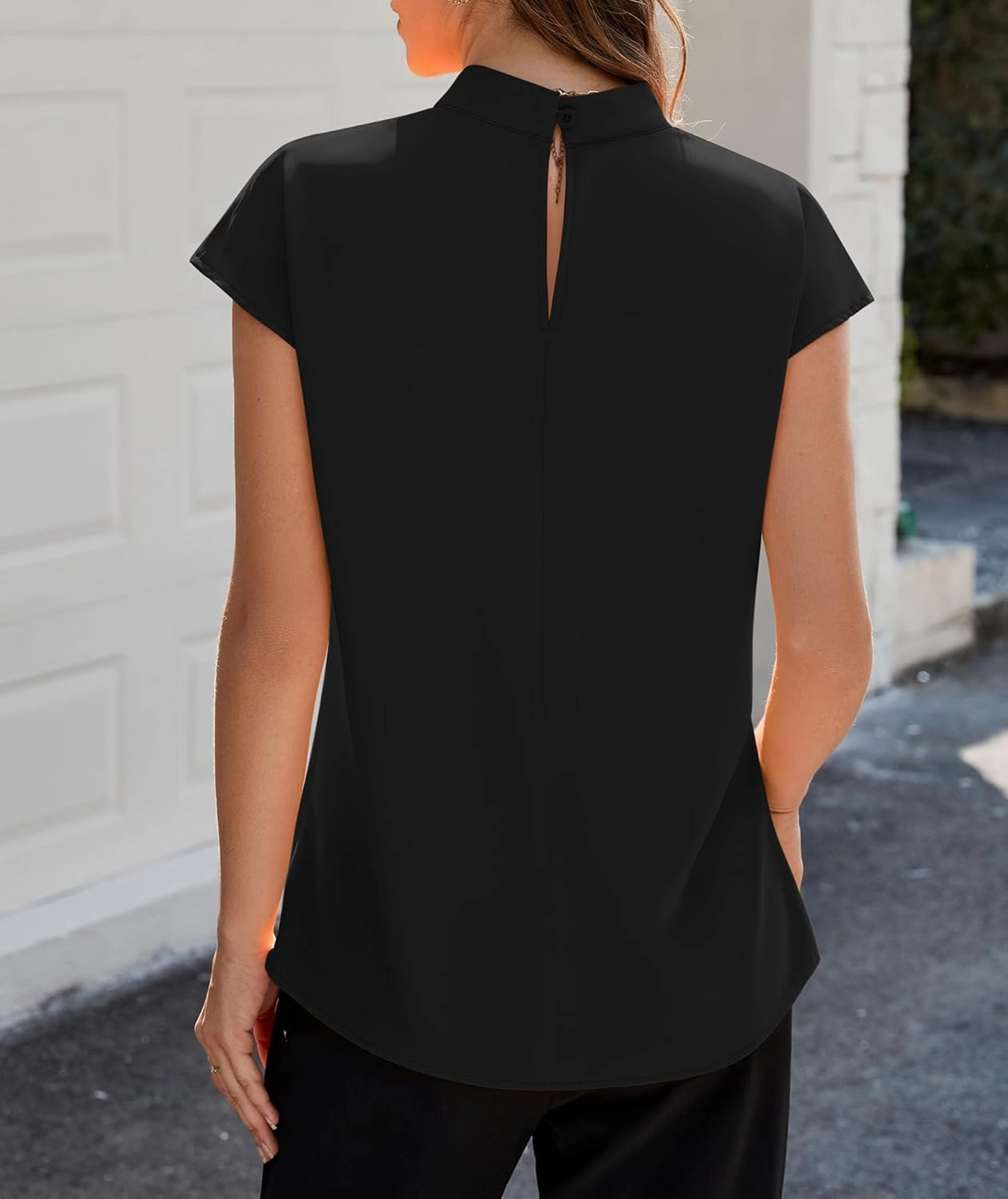 Funlingo Womens Summer Tops Mock Neck Short Cap Sleeve Blouses Business Casual Work Chiffon Shirts Front Pleated Tunic Top