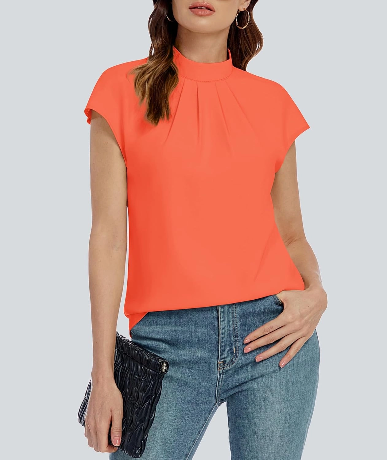 Funlingo Womens Summer Tops Mock Neck Short Cap Sleeve Blouses Business Casual Work Chiffon Shirts Front Pleated Tunic Top