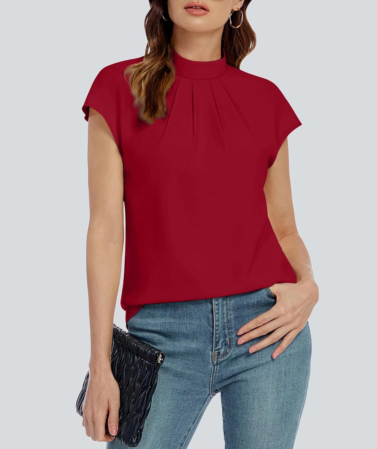 Funlingo Womens Summer Tops Mock Neck Short Cap Sleeve Blouses Business Casual Work Chiffon Shirts Front Pleated Tunic Top