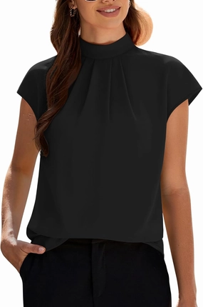 Funlingo Womens Summer Tops Mock Neck Short Cap Sleeve Blouses Business Casual Work Chiffon Shirts Front Pleated Tunic Top