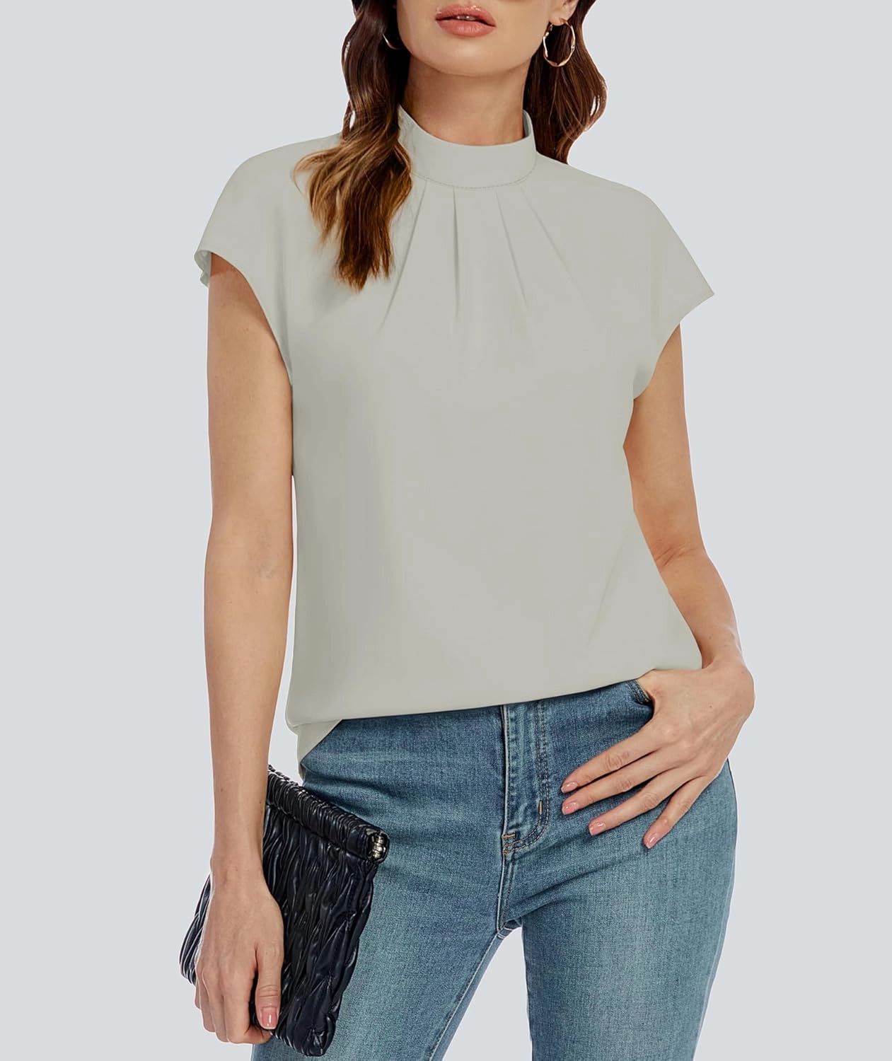 Funlingo Womens Summer Tops Mock Neck Short Cap Sleeve Blouses Business Casual Work Chiffon Shirts Front Pleated Tunic Top