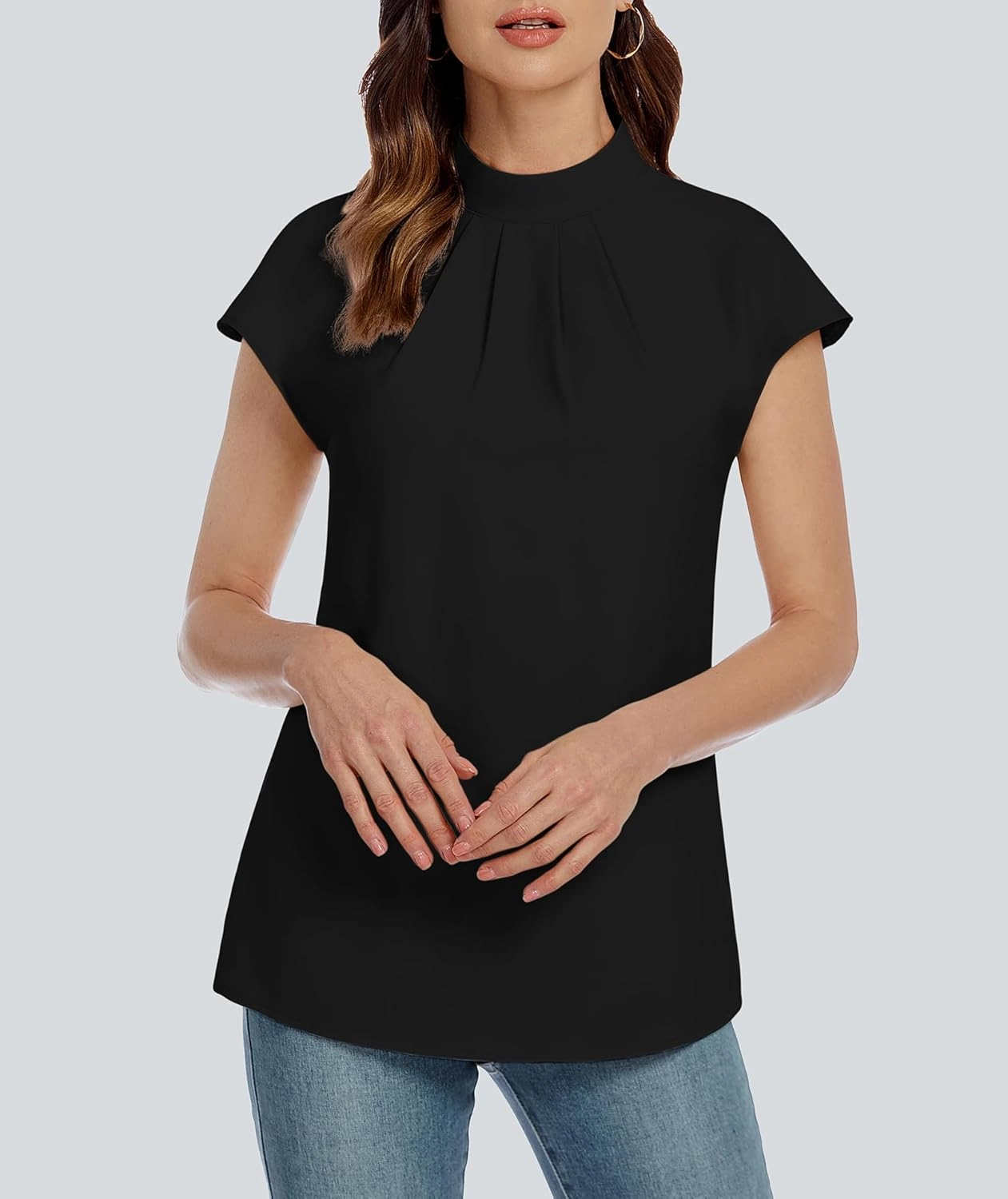 Funlingo Womens Summer Tops Mock Neck Short Cap Sleeve Blouses Business Casual Work Chiffon Shirts Front Pleated Tunic Top