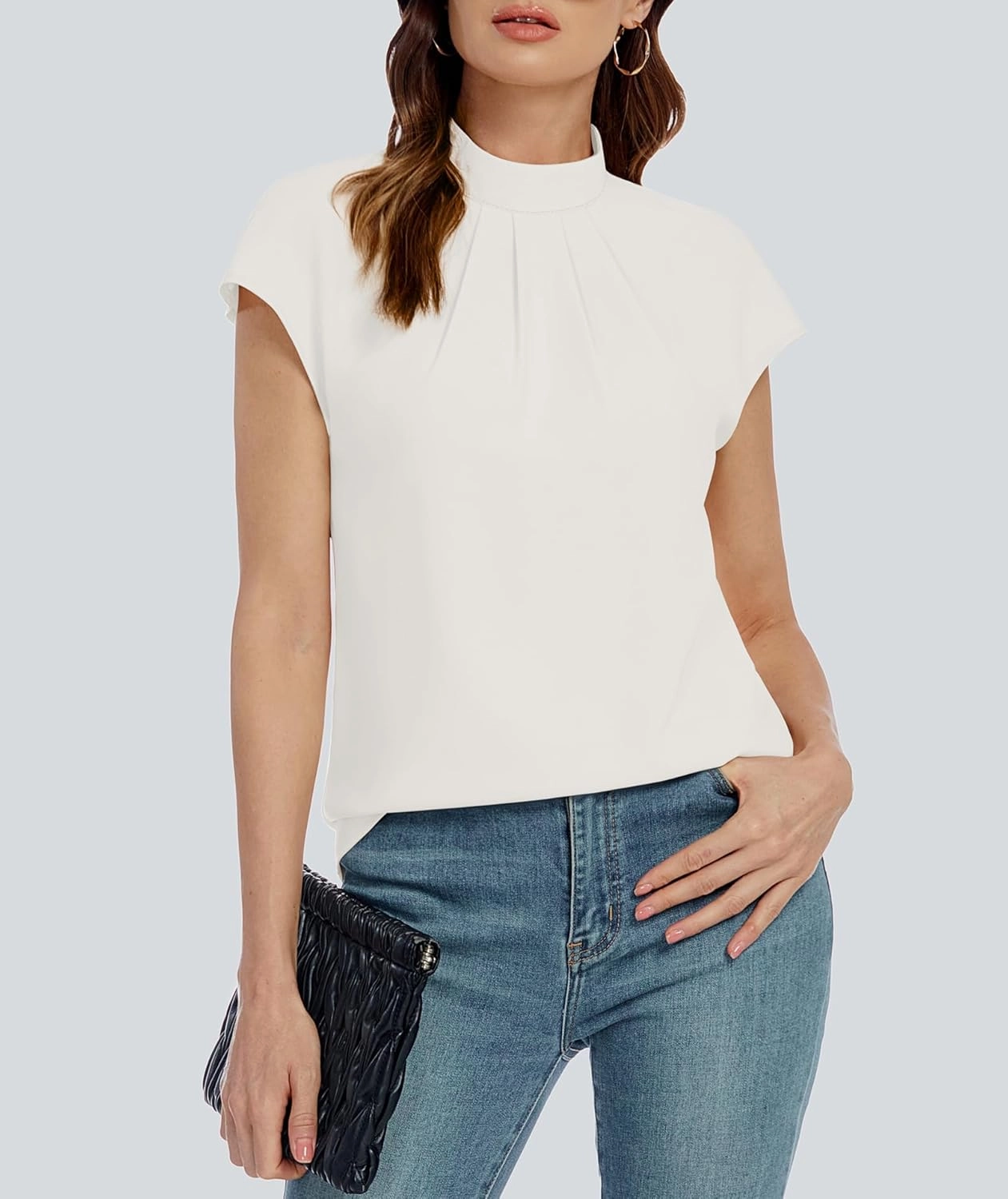 Funlingo Womens Summer Tops Mock Neck Short Cap Sleeve Blouses Business Casual Work Chiffon Shirts Front Pleated Tunic Top