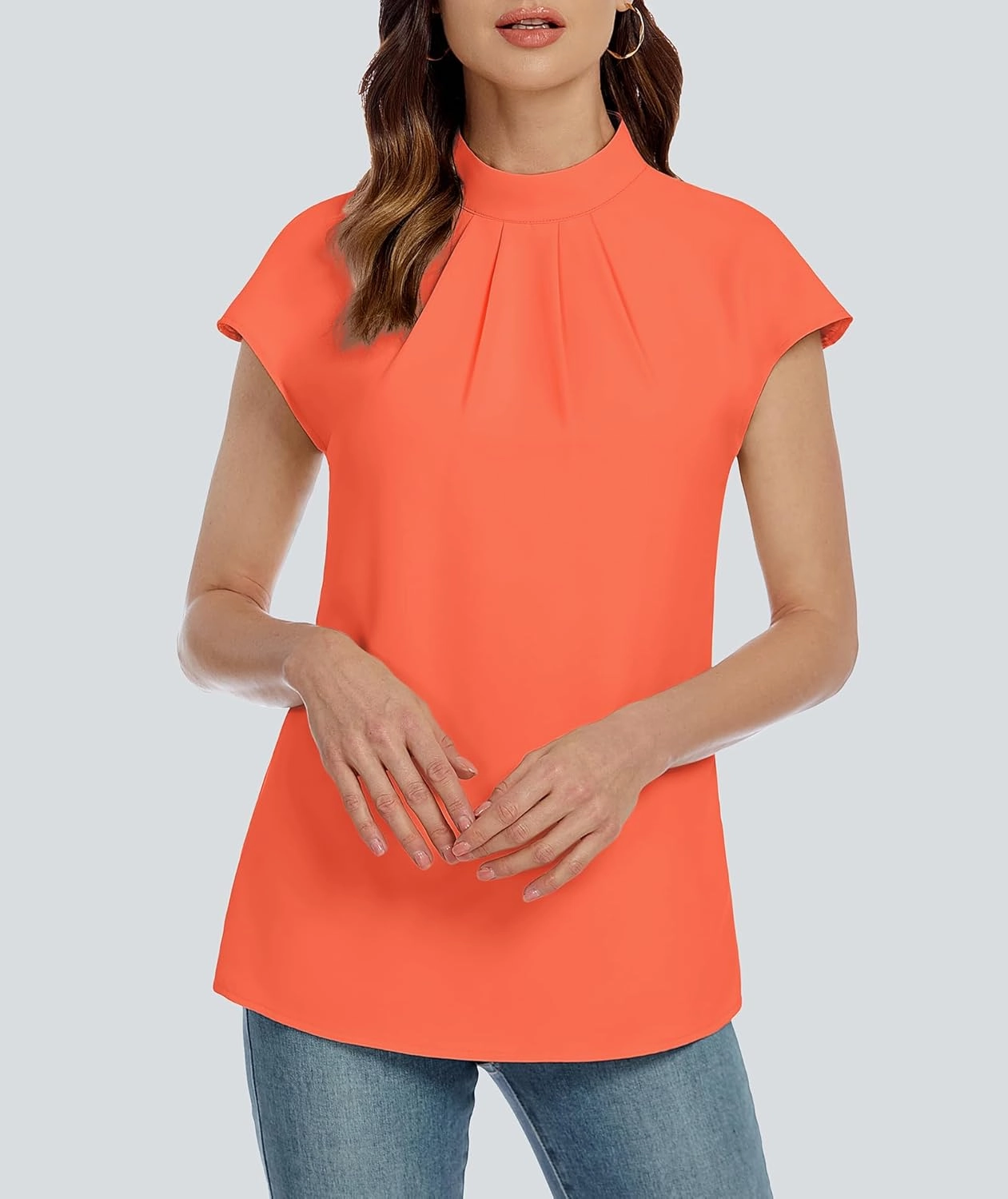 Funlingo Womens Summer Tops Mock Neck Short Cap Sleeve Blouses Business Casual Work Chiffon Shirts Front Pleated Tunic Top